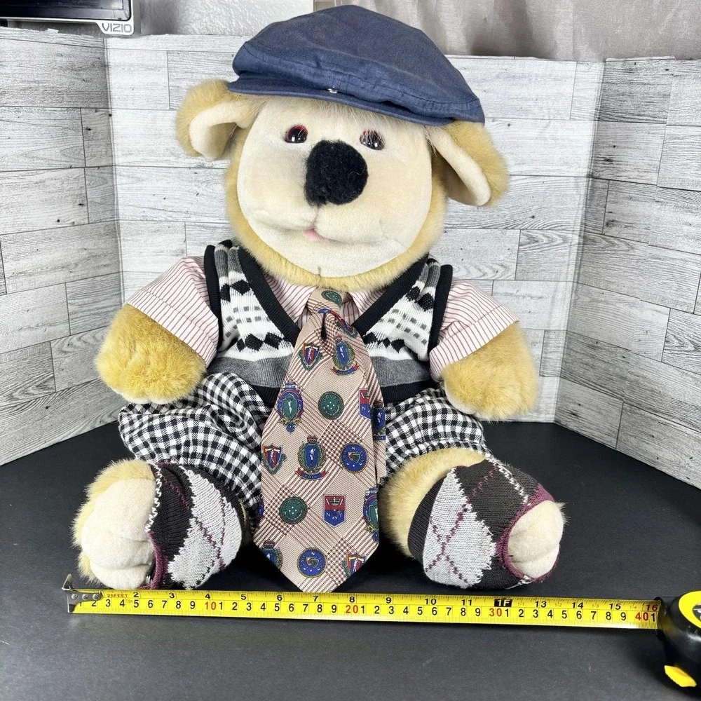 Linda Novick All Stuffed Up Bear. The Golfer Bear. 1991 Gold Silk Trimming 17 In